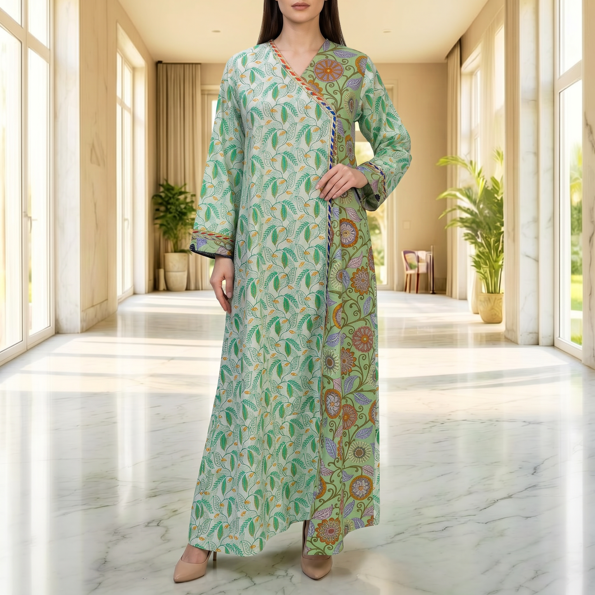 S/M Lupines Printed Cotton Dress 57" Long Jalabiya 25262-1324 JP
