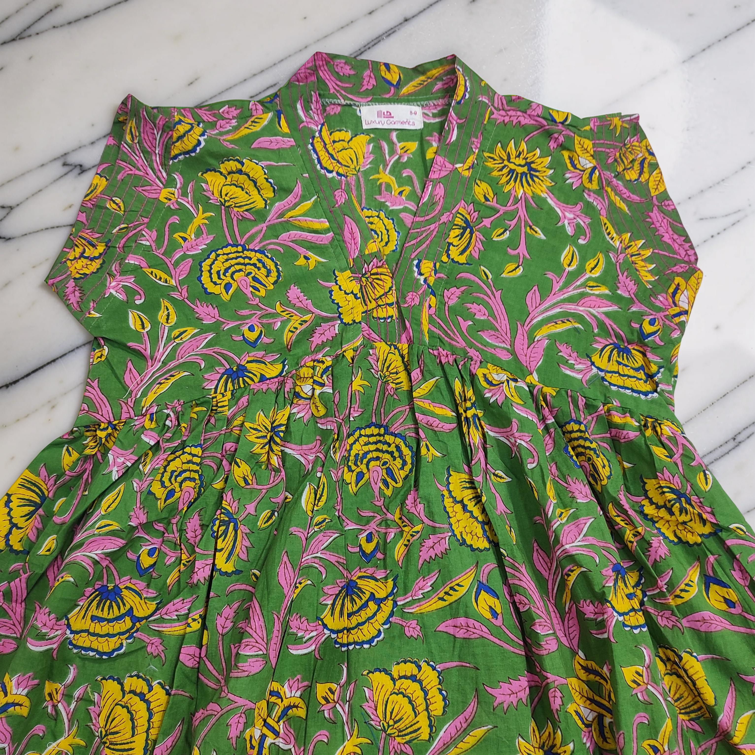 8-9 Year Amani Printed Cotton Girls Dress 42" Short Sleeves Jalabiya 25469-1399 JP