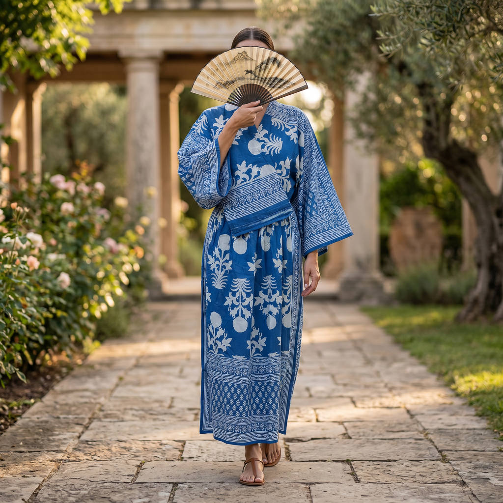 S-M Anam Printed Cotton Dress 57" Long Jalabiya With Sheila 25504-1329  JP