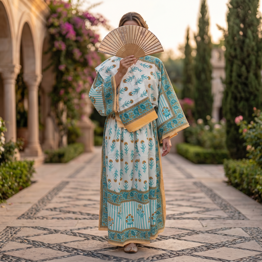 S-M Anam Printed Cotton Dress 57" Long Jalabiya With Sheila 25506-1329  JP