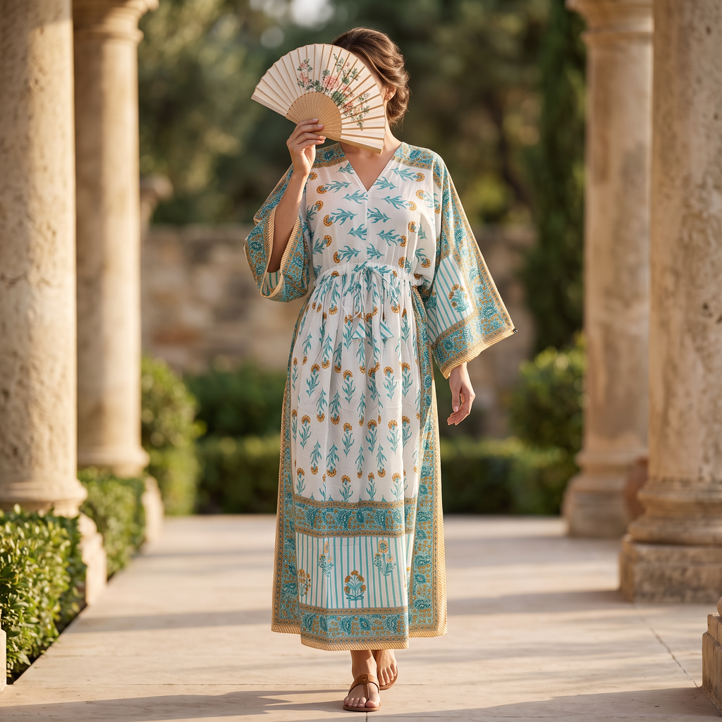 S-M Anam Printed Cotton Dress 57" Long Jalabiya With Sheila 25506-1329  JP