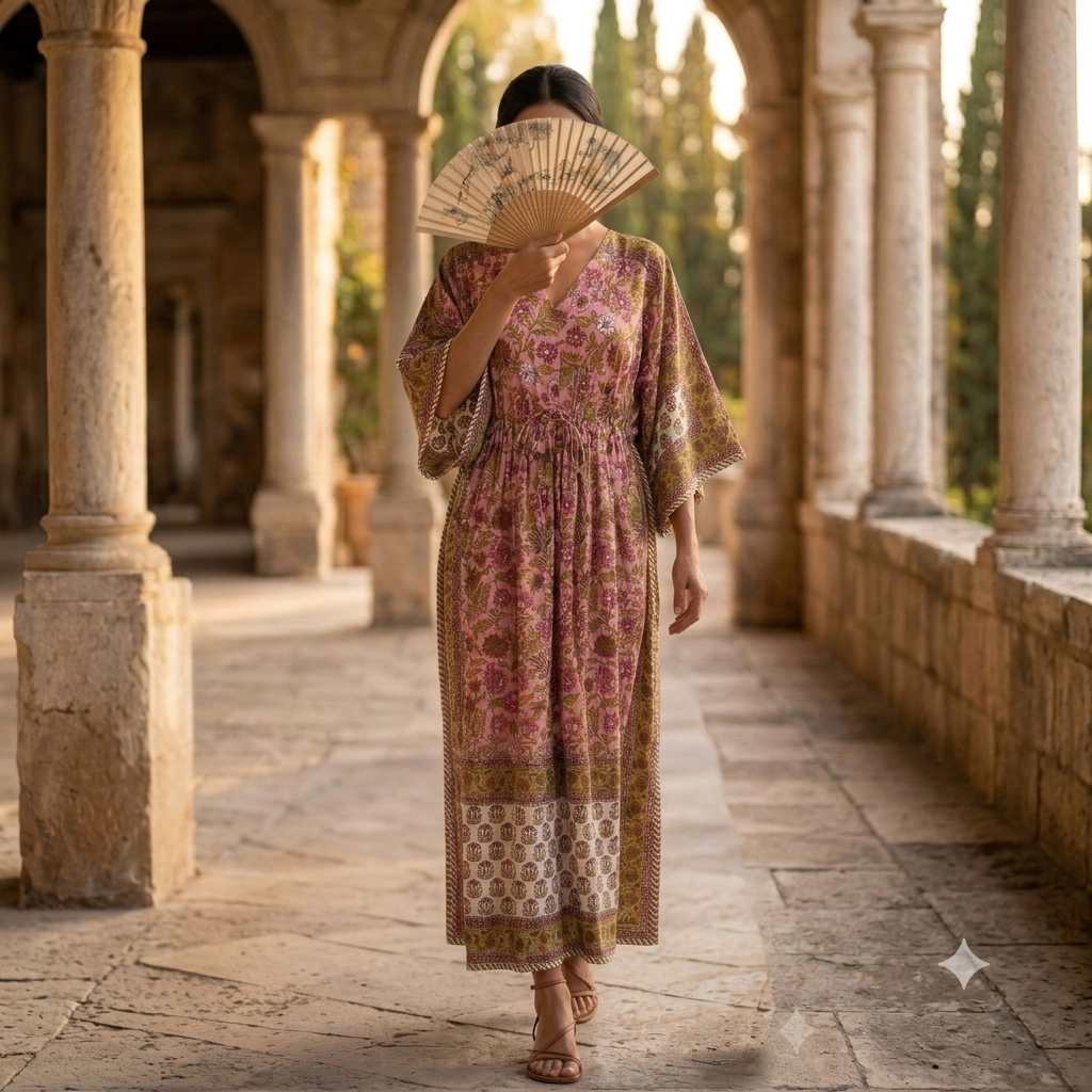XS-S Anam Printed Cotton Dress 57" Long Jalabiya With Sheila 25540-1335 JP