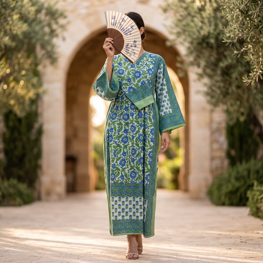 XS-S Cotton Printed Amber Dress 54" Long Jalabiya With Sheila 25558-1337 JP