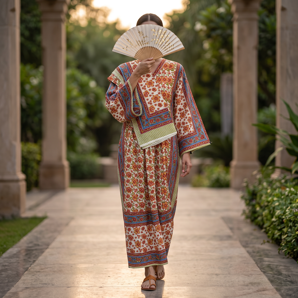 XS-S Cotton Printed Amber Dress 54" Long Jalabiya With Sheila 25563-1337 JP