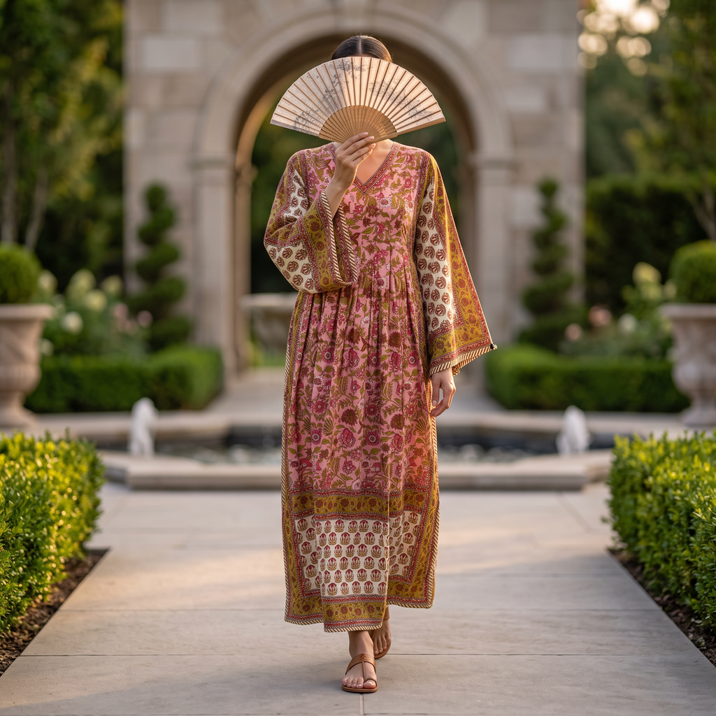 S-M Cotton Printed Amber Dress 57" Long Jalabiya With Sheila 25574-1338 JP