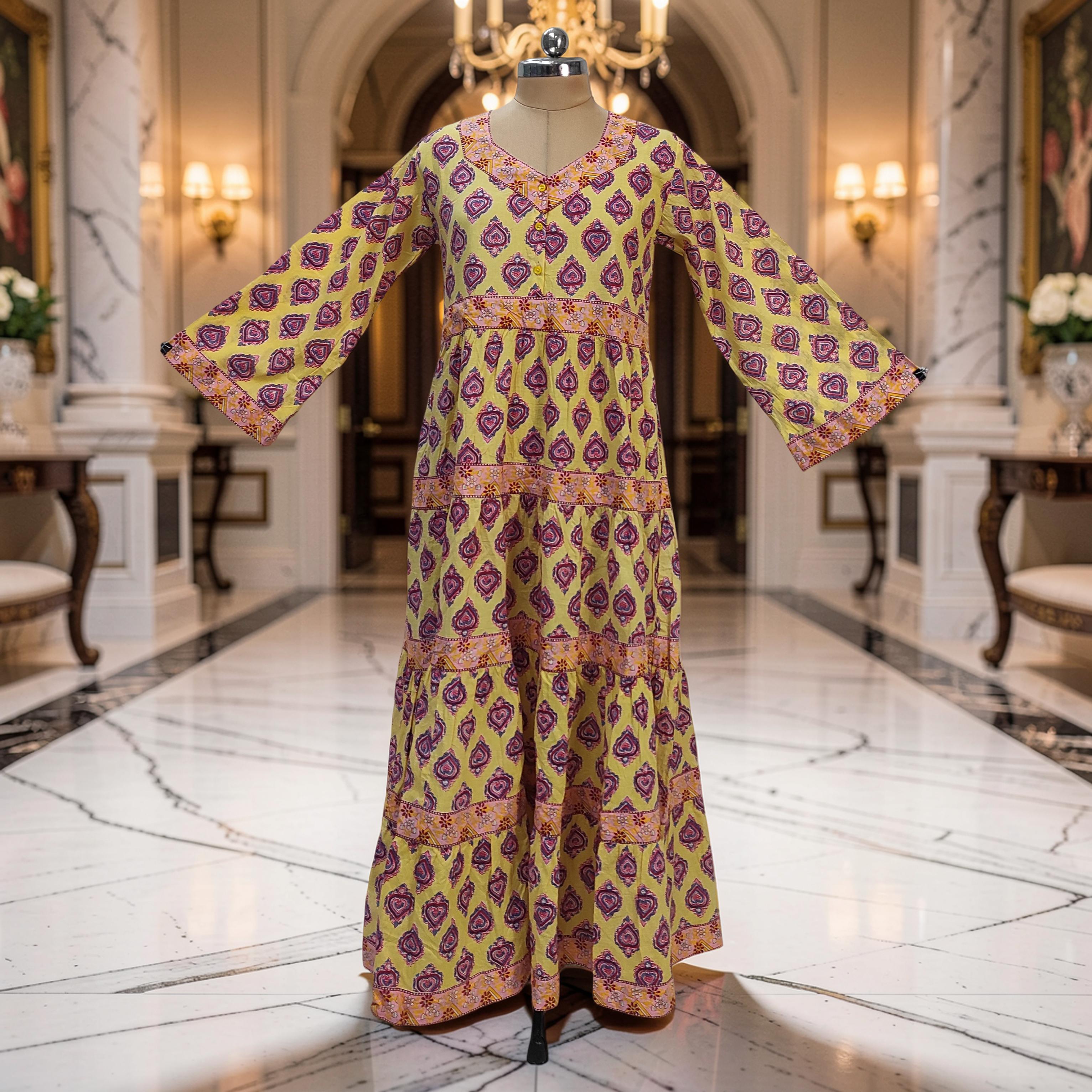 XS/S Huda Printed Cotton Dress 54" Long Jalabiya 25722-1356 JP