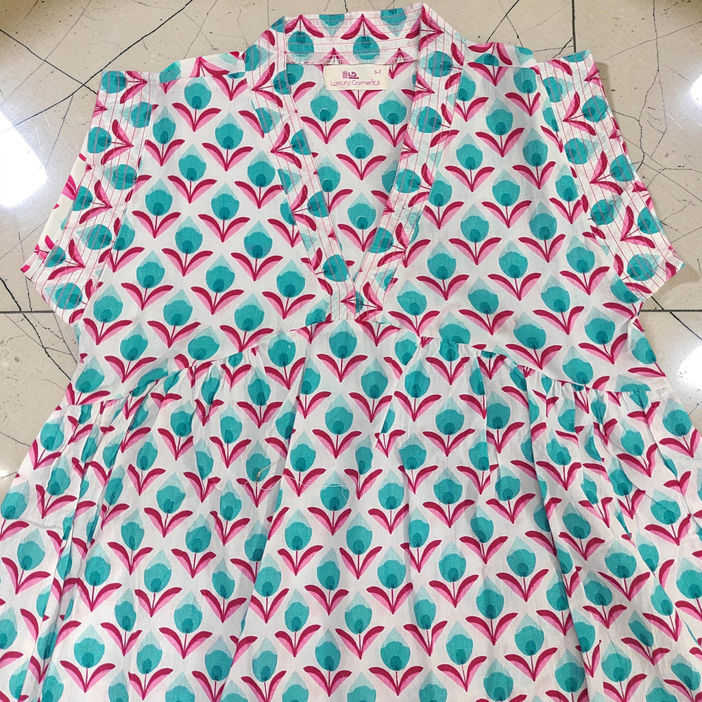 6-7 Year Amani Printed Cotton Girls Dress 38" Short Sleeves Jalabiya 25806-1399 JP