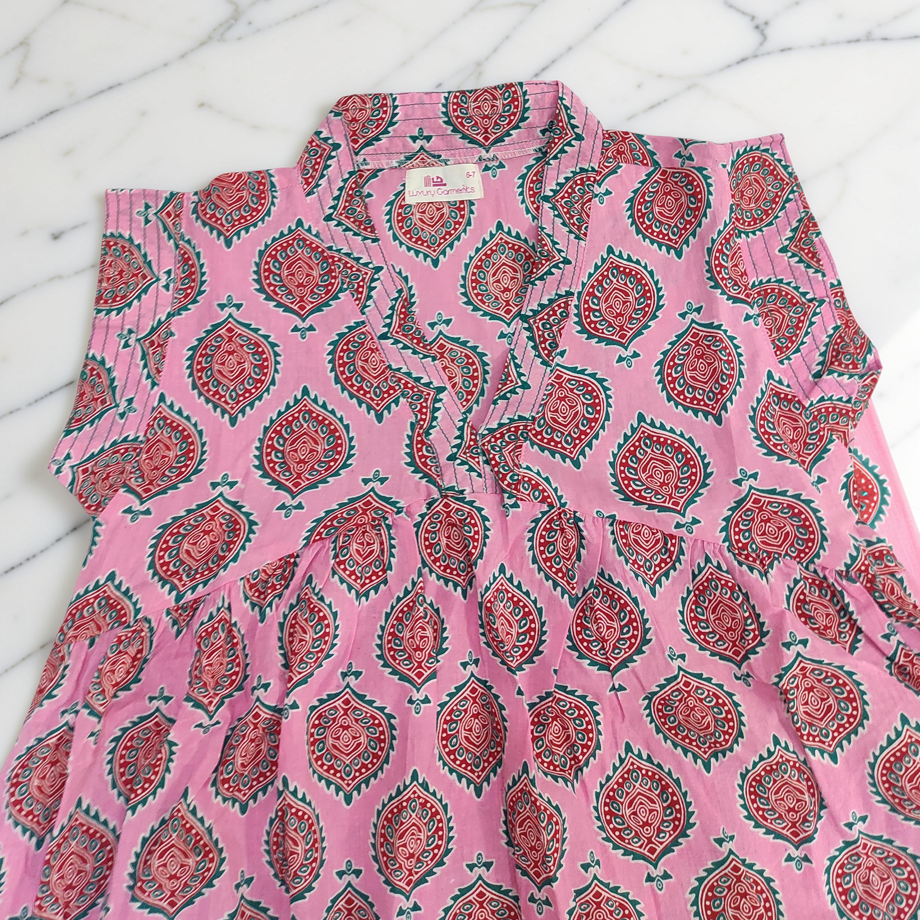 6-7 Year Amani Printed Cotton Girls Dress 38" Short Sleeves Jalabiya 25829-1399 JP