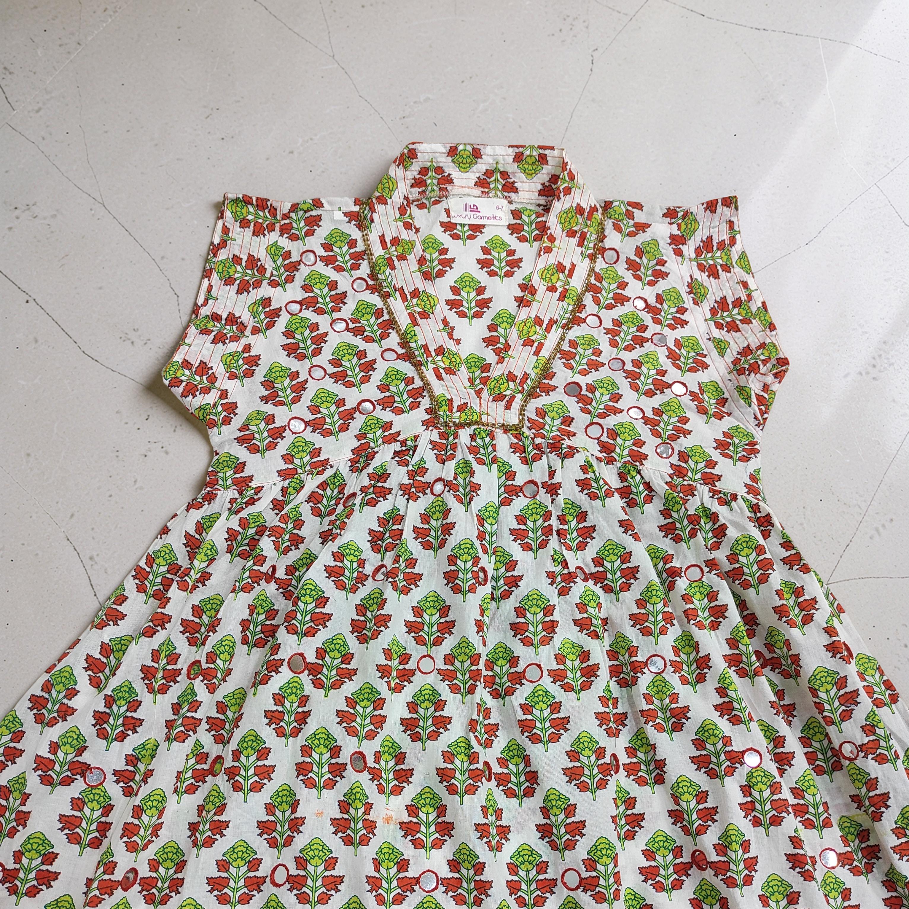 6-7 Year Amani Printed Cotton Girls Dress 38" Short Sleeves Jalabiya 25833-1375 JP