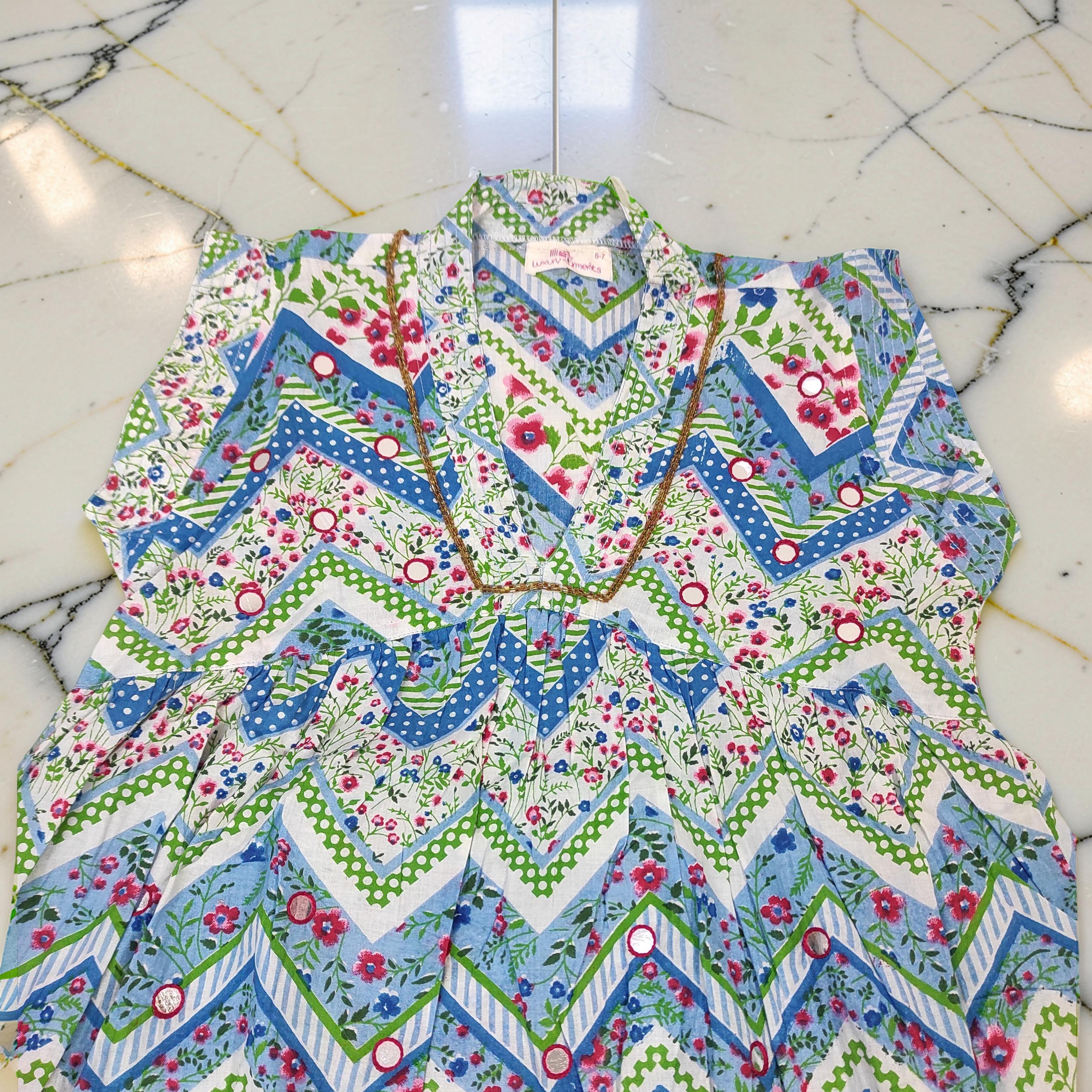 6-7 Year Amani Printed Cotton Girls Dress 38" Short Sleeves Jalabiya 25838-1399 JP