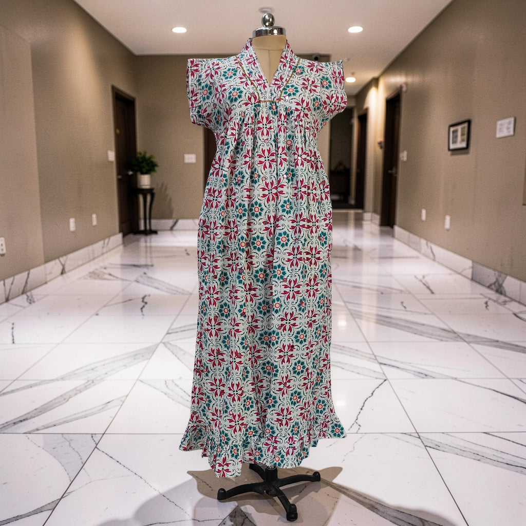L-XL Amani Printed Cotton Dress 57" Short Sleeves Jalabiya 25841-1369 JP