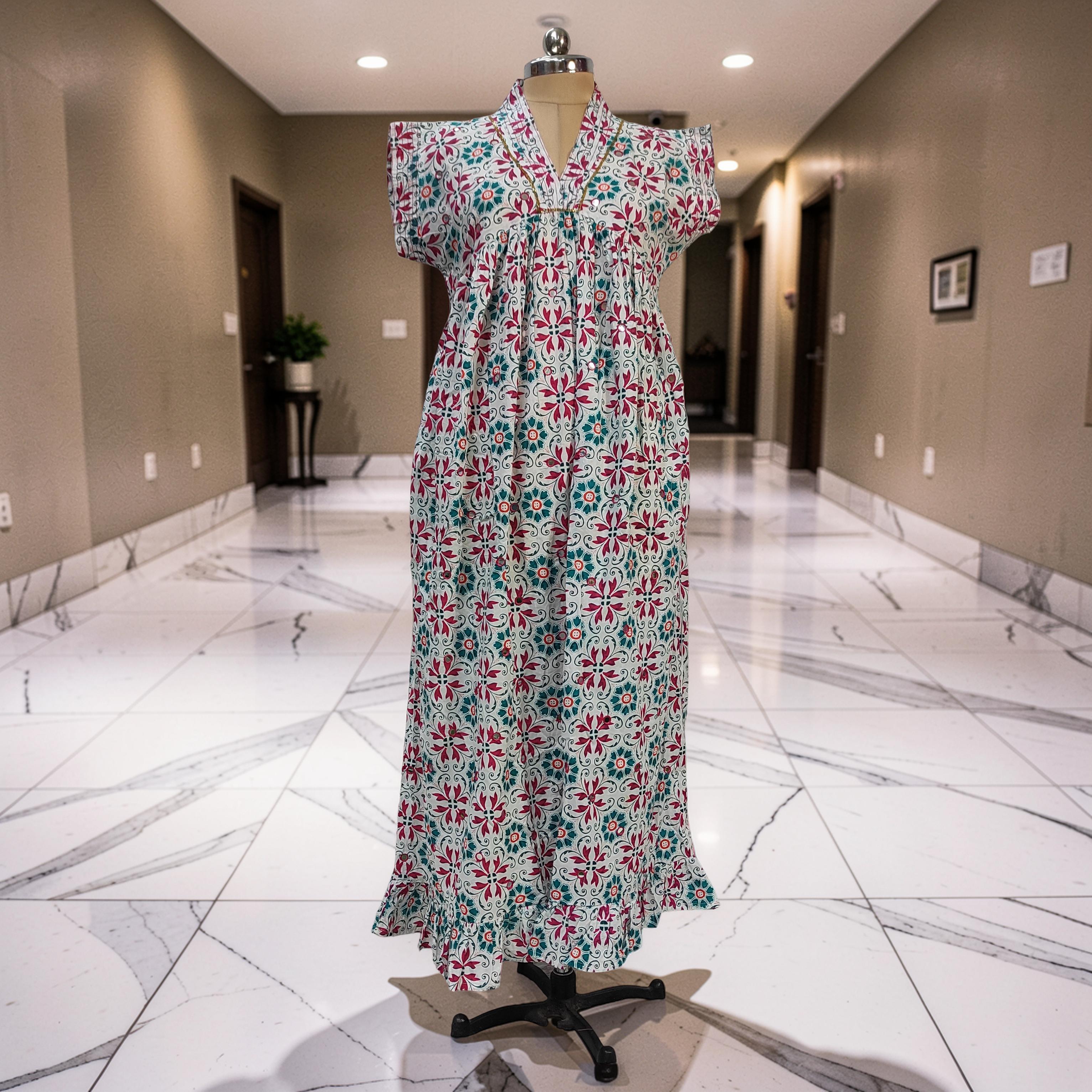 L-XL Amani Printed Cotton Dress 57" Short Sleeves Jalabiya 25841-1369 JP