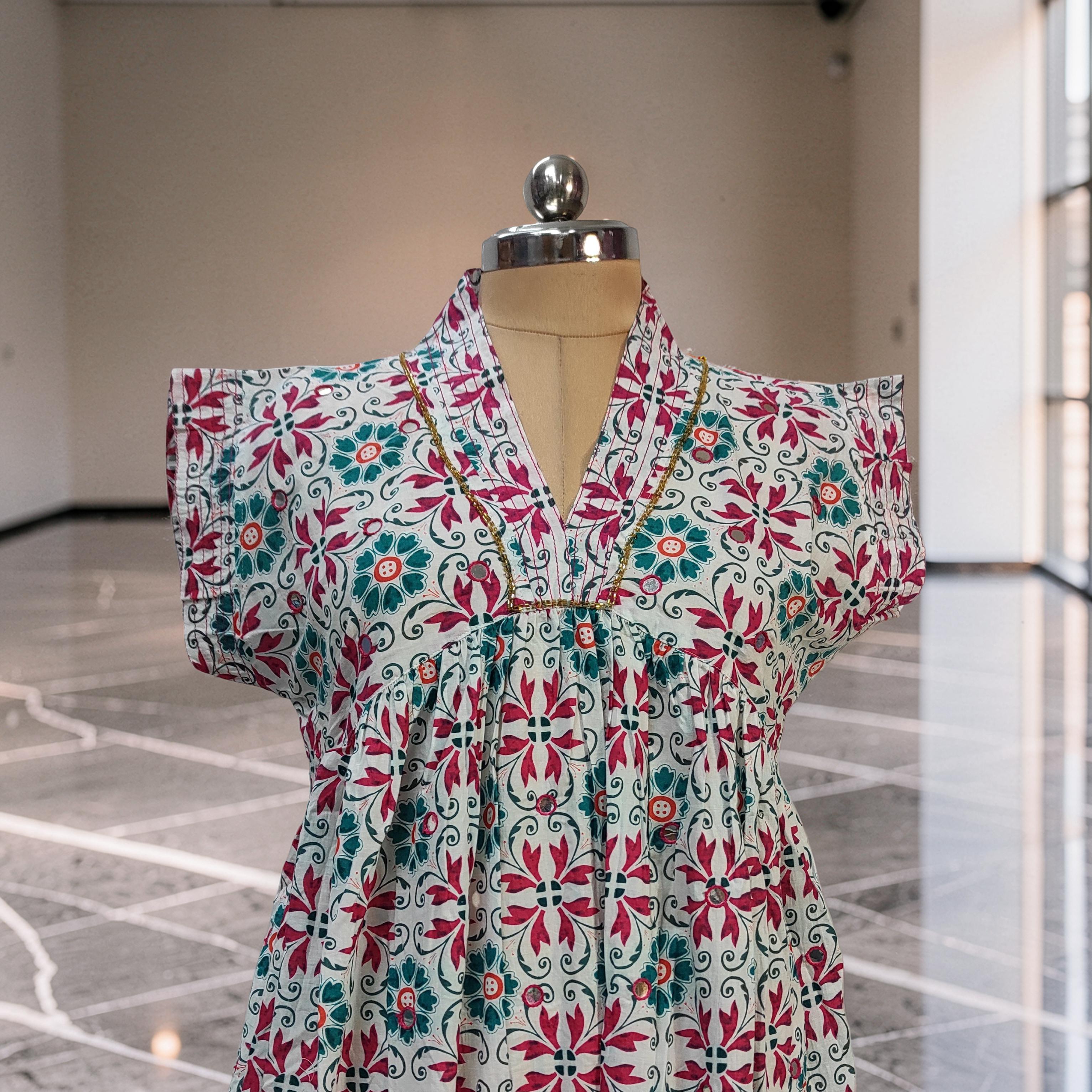 L-XL Amani Printed Cotton Dress 57" Short Sleeves Jalabiya 25841-1369 JP