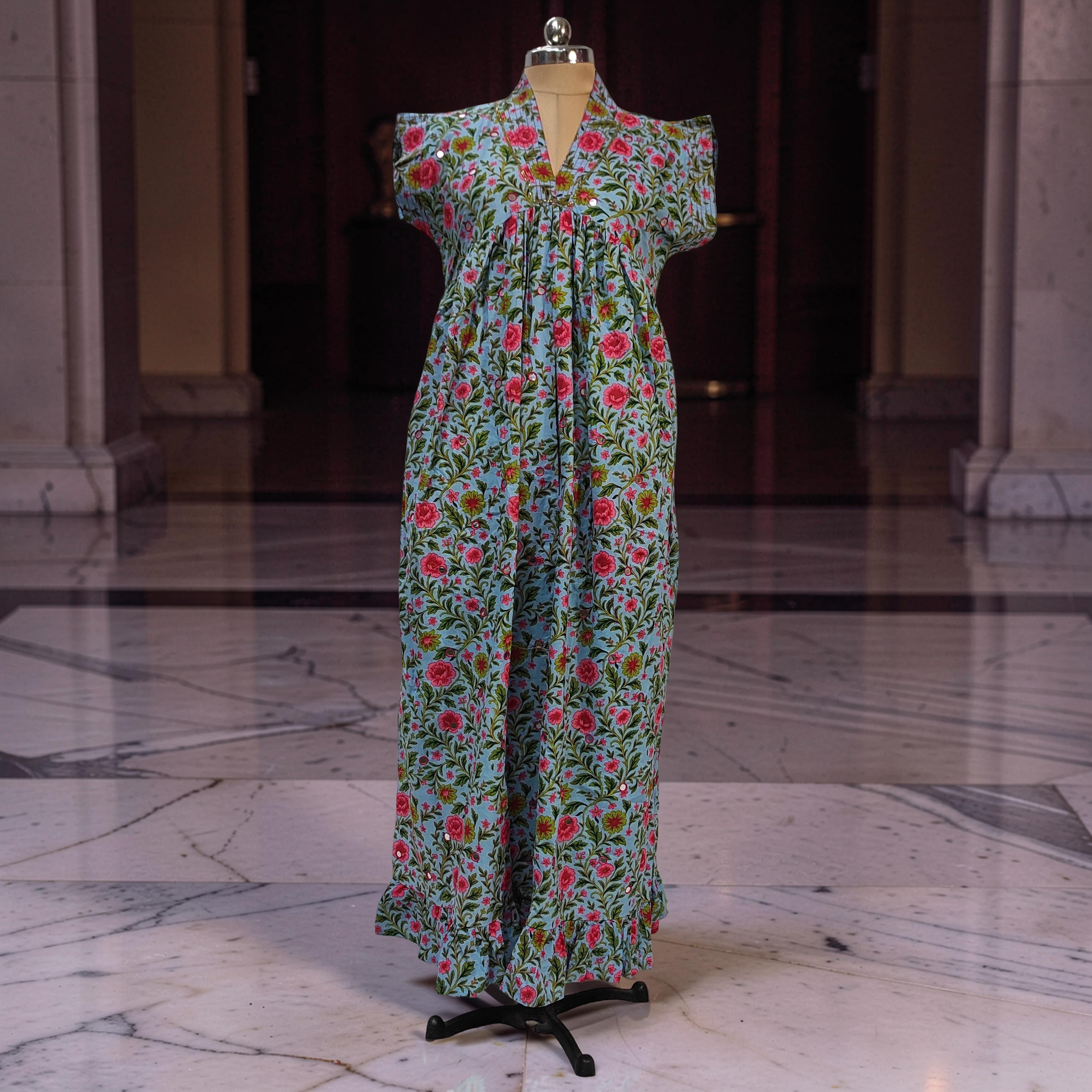 L-XL Amani Printed Cotton Dress 57" Short Sleeves Jalabiya 25842-1370 JP