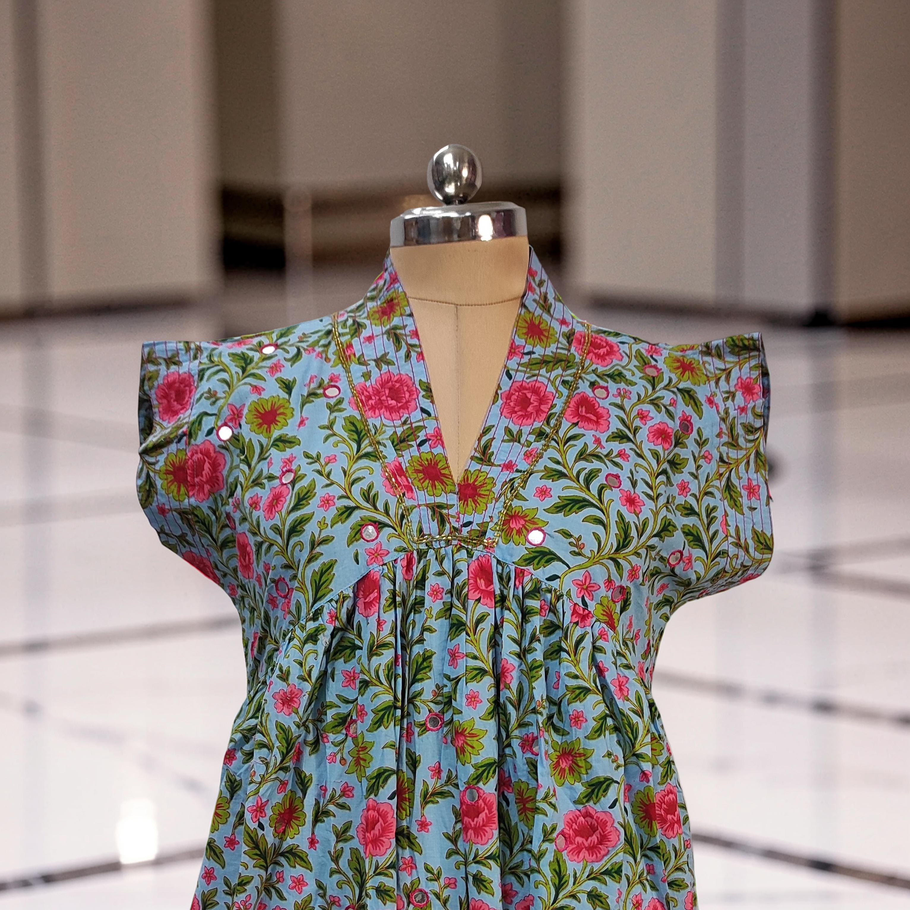L-XL Amani Printed Cotton Dress 57" Short Sleeves Jalabiya 25842-1370 JP
