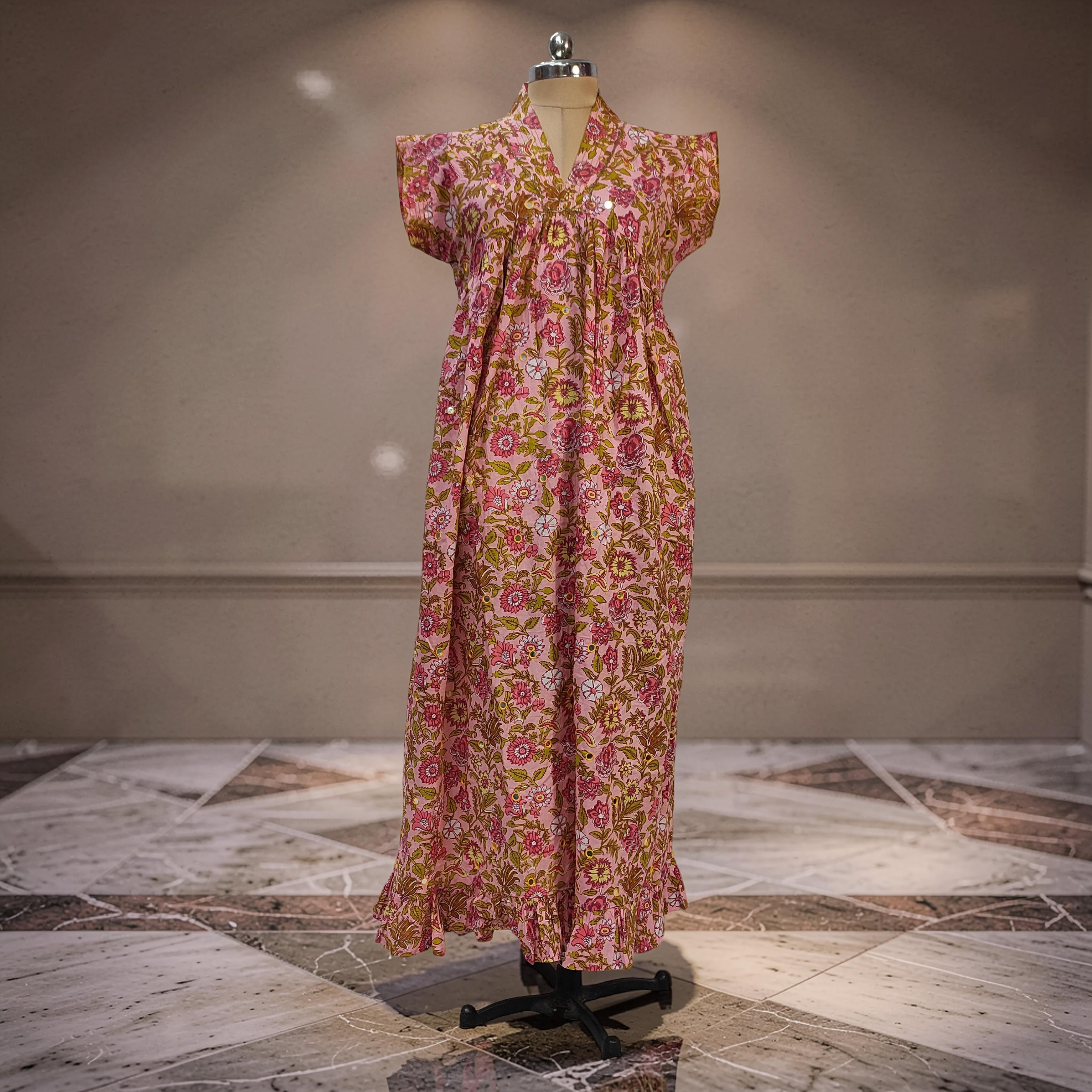 L-XL Amani Printed Cotton Dress 57" Short Sleeves Jalabiya 25845-1371 JP