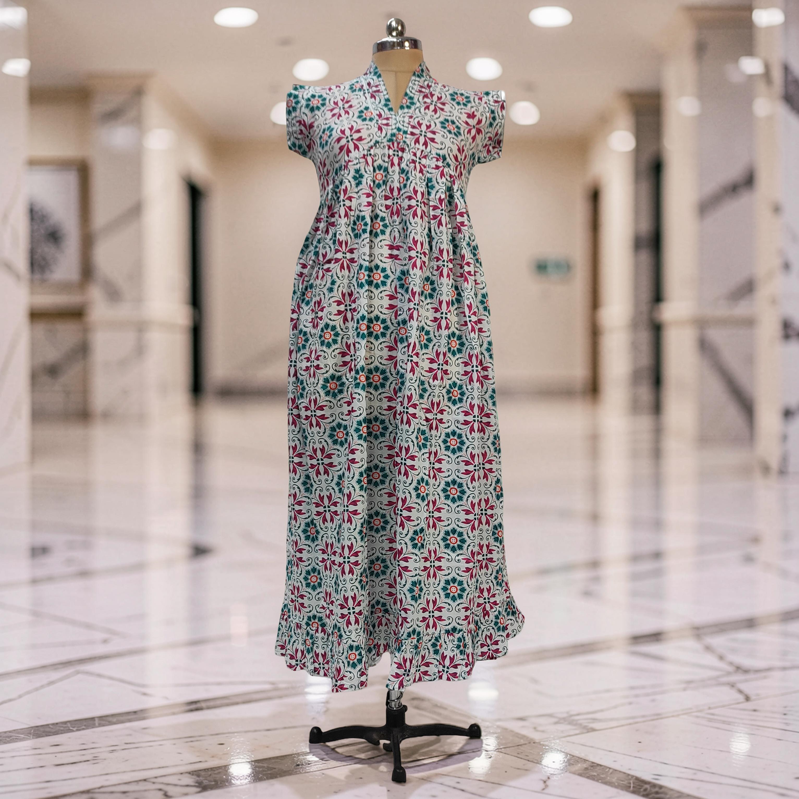 XS/S  Amani Printed Cotton Dress 54" Short Sleeves Jalabiya 25852-1375 JP