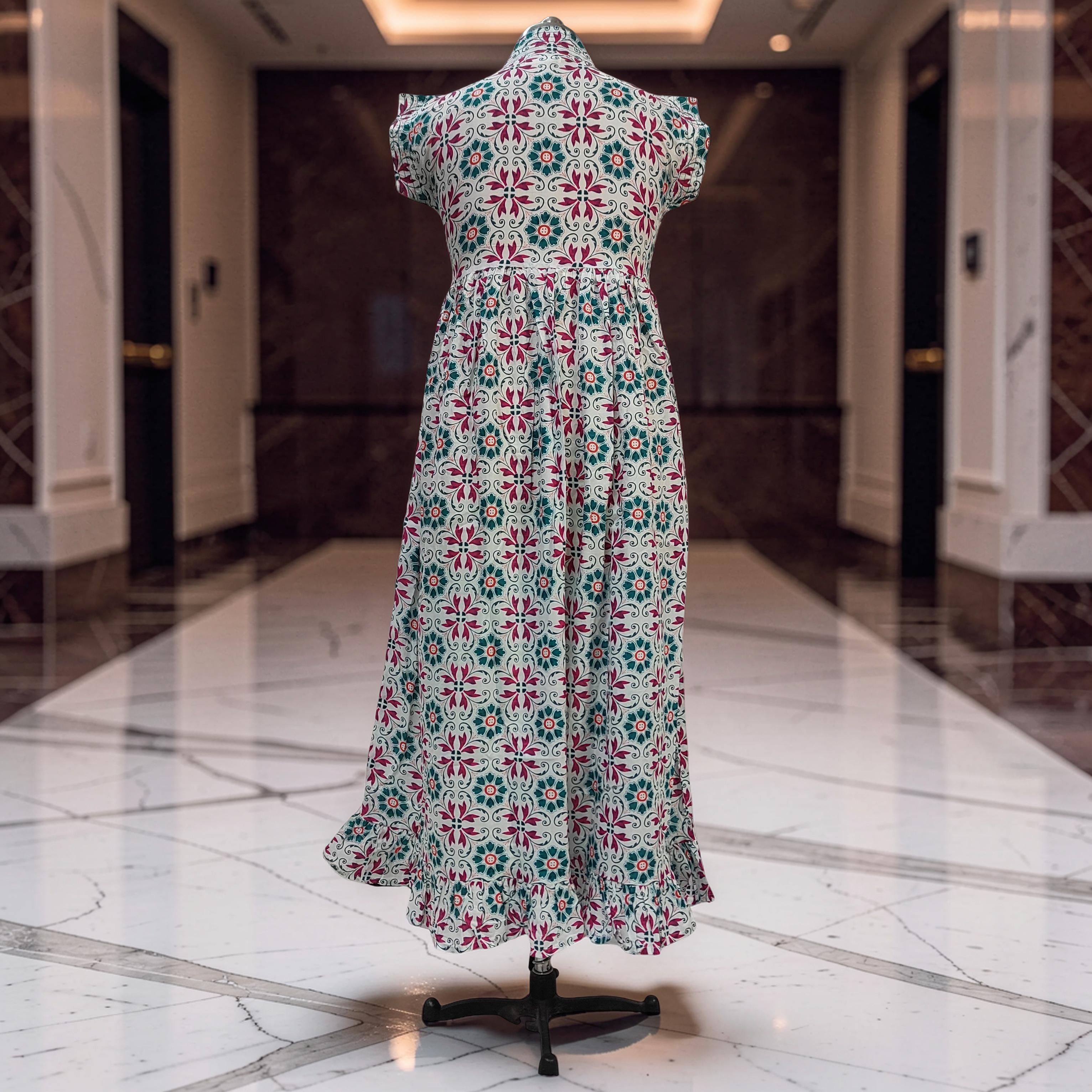 XS/S  Amani Printed Cotton Dress 54" Short Sleeves Jalabiya 25852-1375 JP