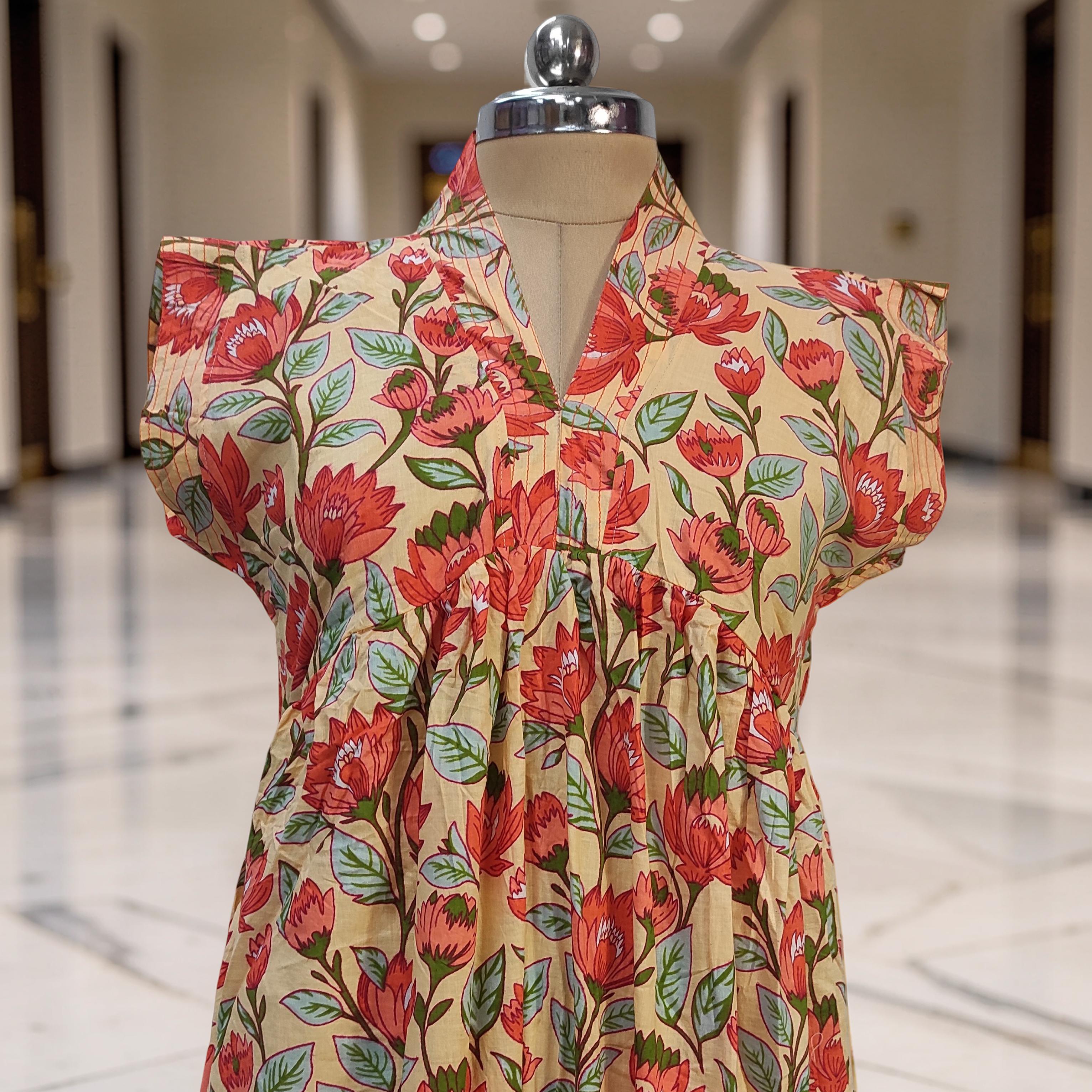 L-XL Amani Printed Cotton Dress 57" Short Sleeves Jalabiya 25869-1373 JP