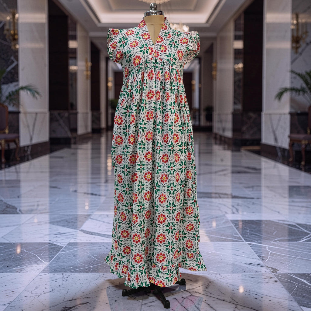 L-XL Amani Printed Cotton Dress 57" Short Sleeves Jalabiya 25876-1373 JP
