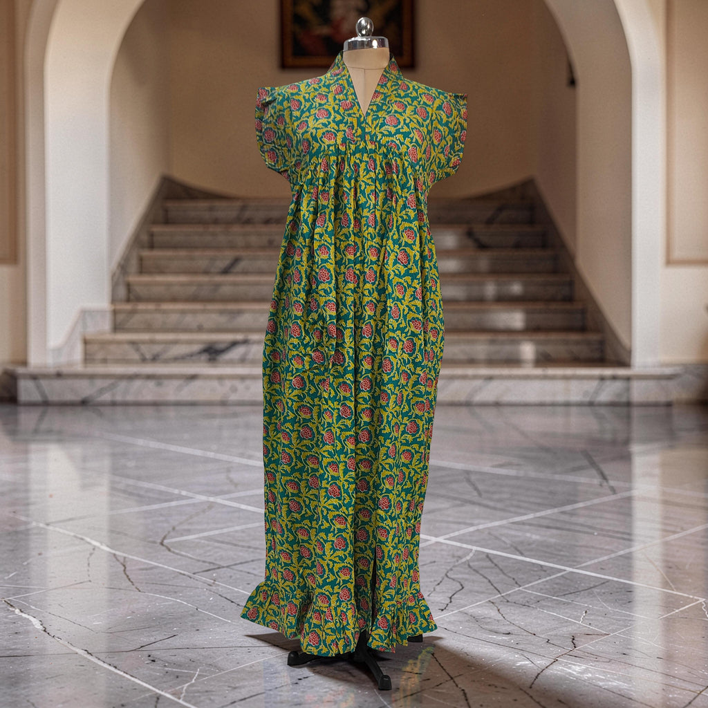 L-XL Amani Printed Cotton Dress 57" Short Sleeves Jalabiya 25887-1373 JP
