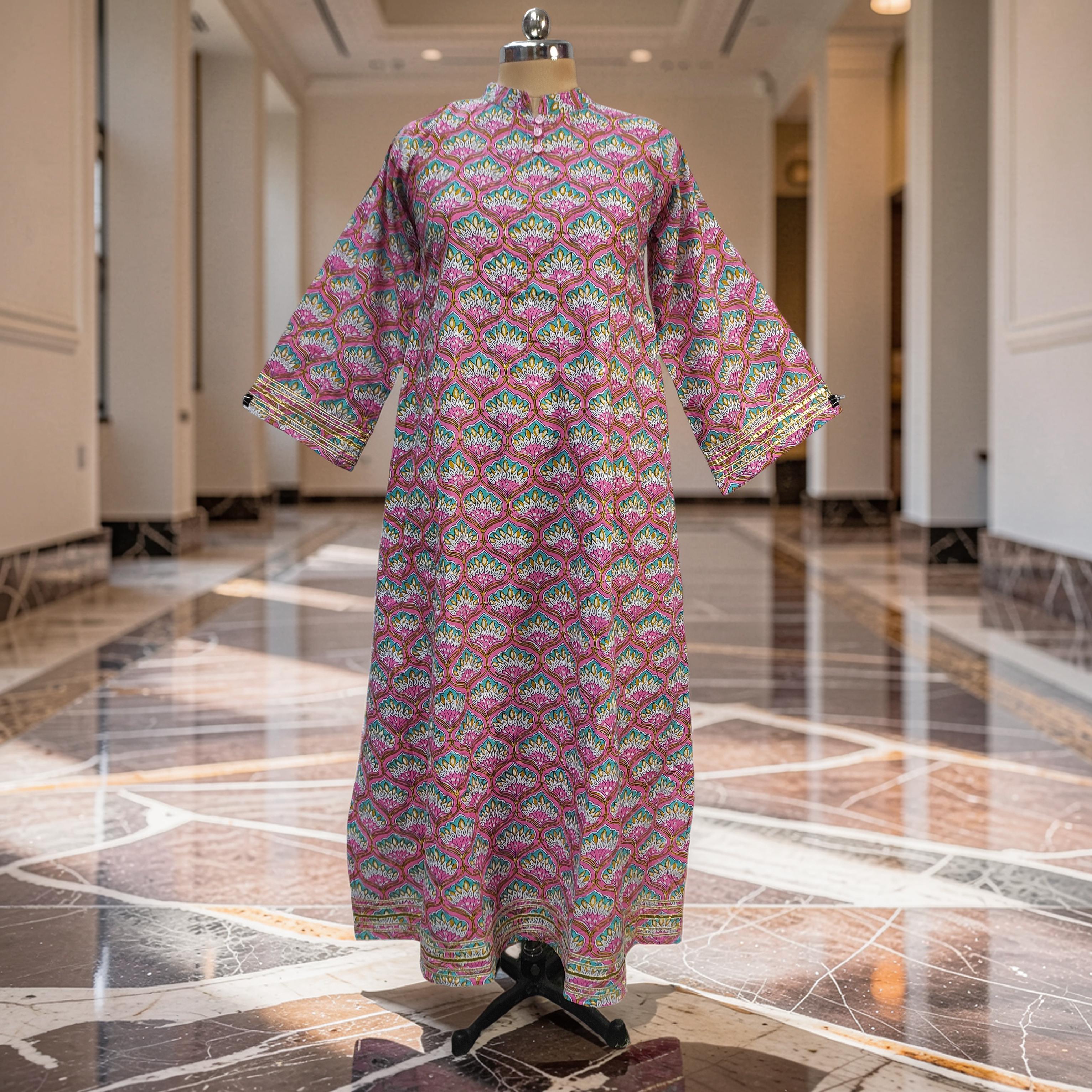 XS/S Khadijah Printed Cotton Dress 54"Long Jalabiya 26094-1398 JP