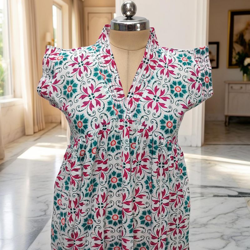 S-M Amani Printed Cotton Dress 57" Short Sleeves Jalabiya