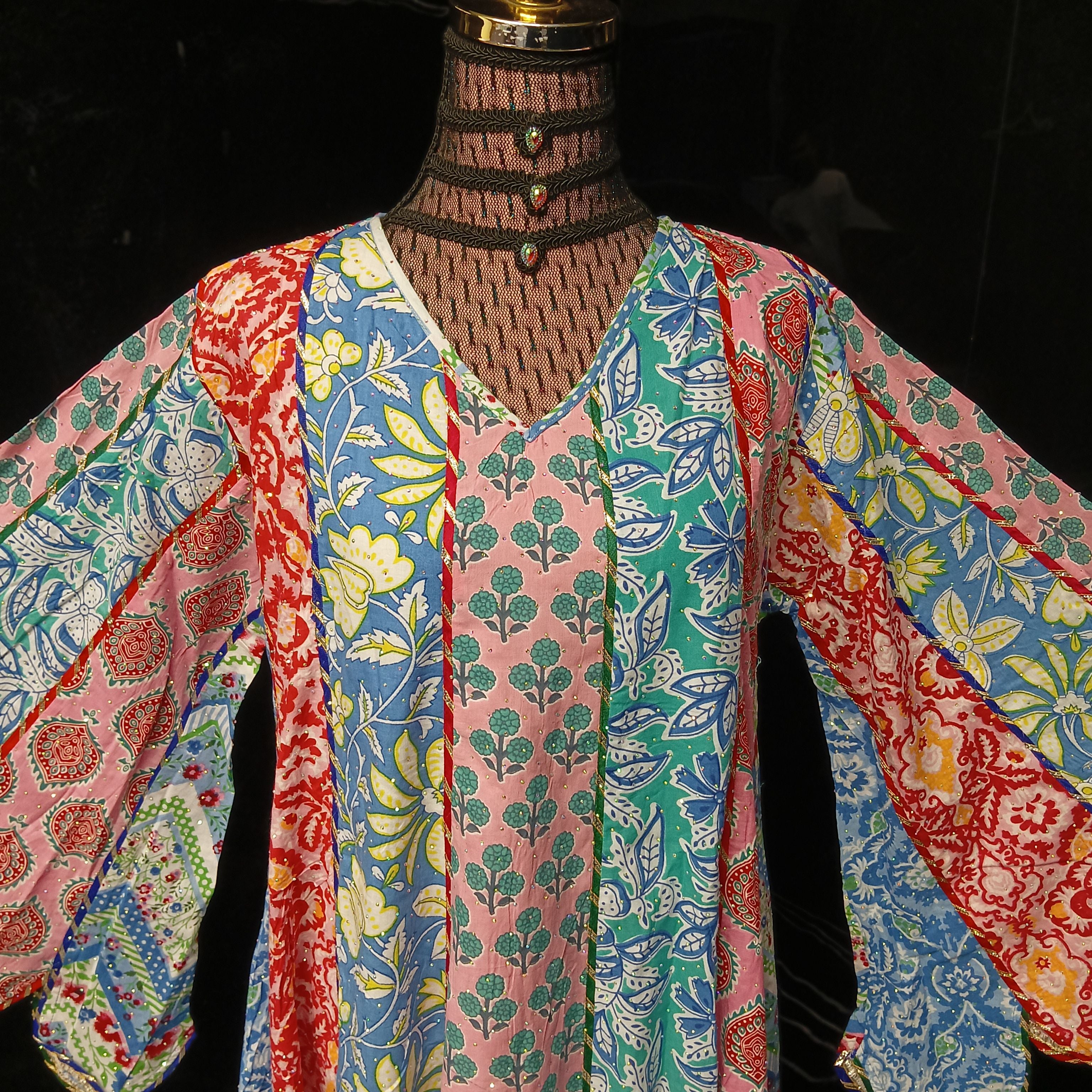 L/XL Meher Crystal Multi Printed Cotton Dress 57" Long Jalabiya