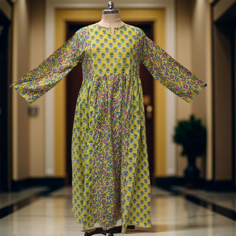 S-M Heba Printed Cotton Dress 57" Long Jalabiya With Sheila