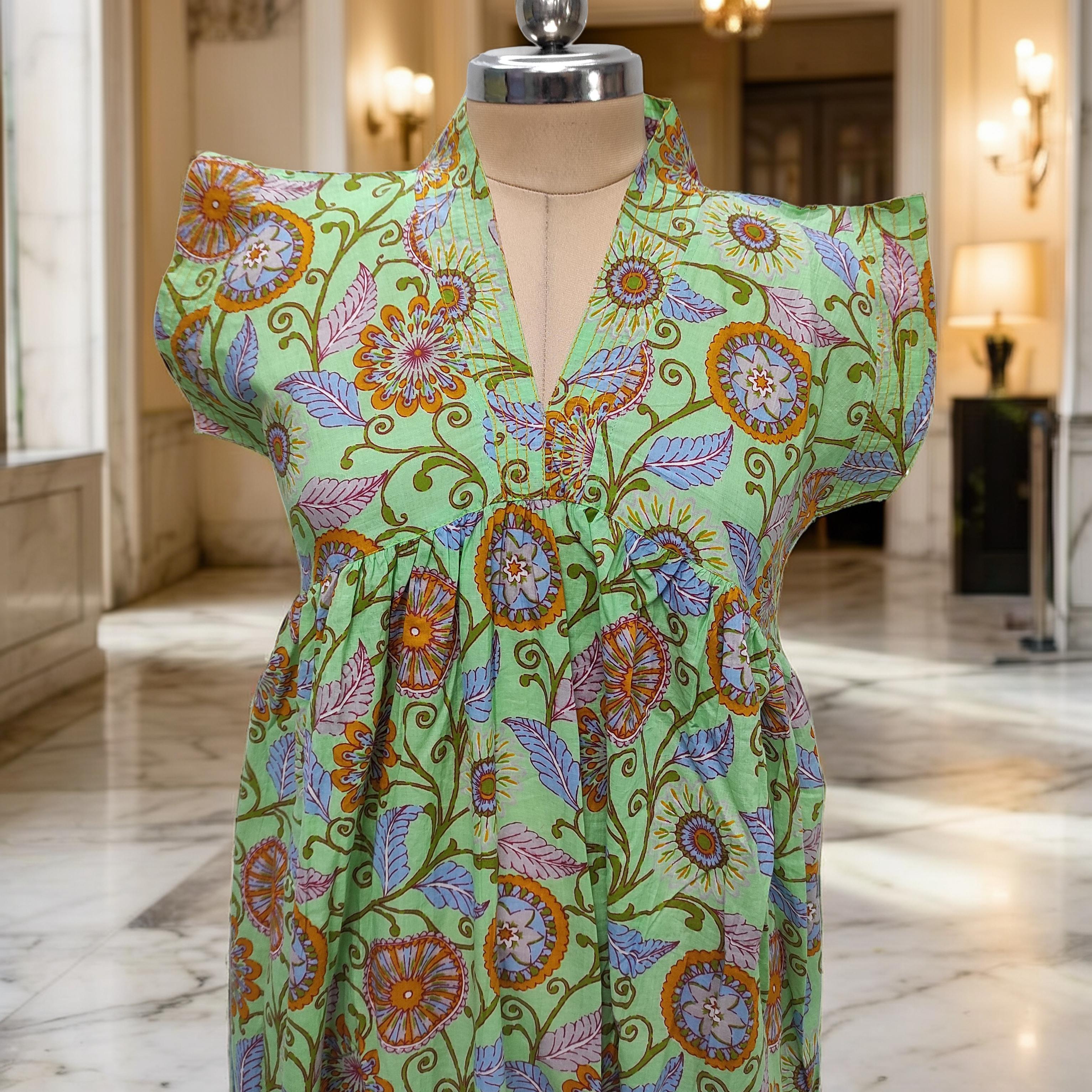 S-M Amani Printed Cotton Dress 57" Short Sleeves Jalabiya