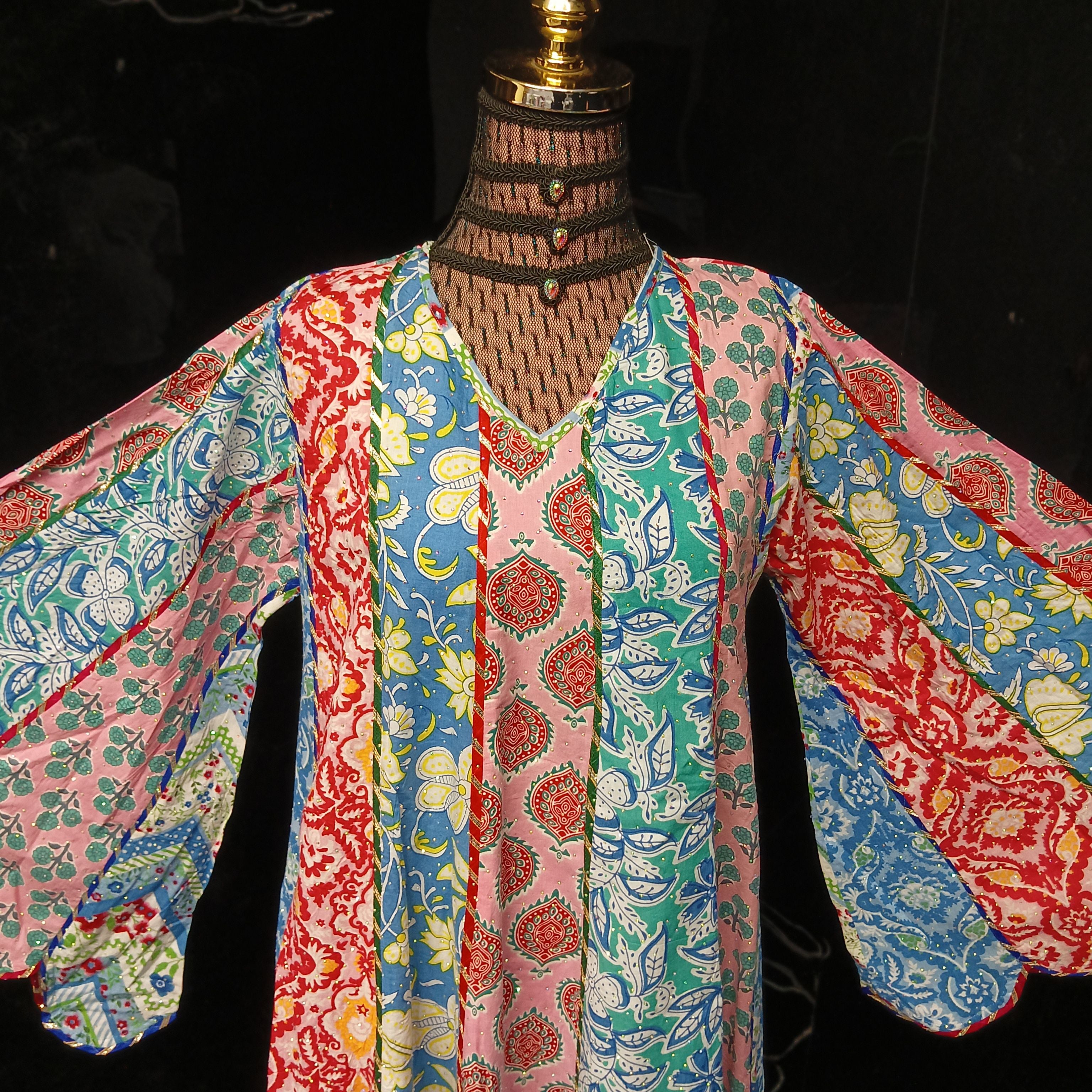 S/M Meher Crystal Multi Printed Cotton Dress 57" Long Jalabiya
