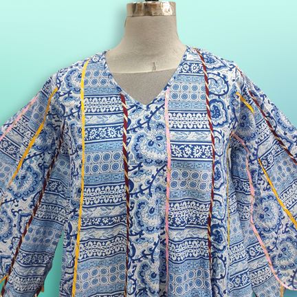 S/M Meher Blue Printed Cotton Dress 57" Long Jalabiya