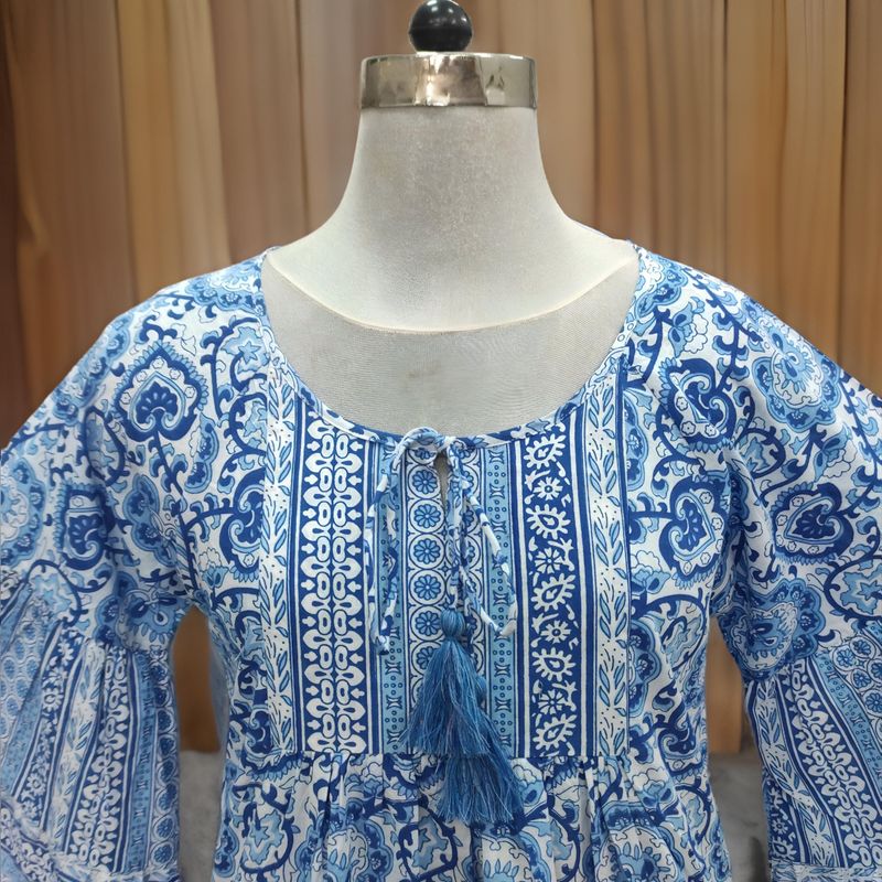 2XL/3XL Gaby Blue Printed Cotton Dress 57" Long Jalabiya