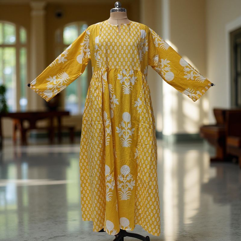 S-M Heba Printed Cotton Dress 57" Long Jalabiya With Sheila