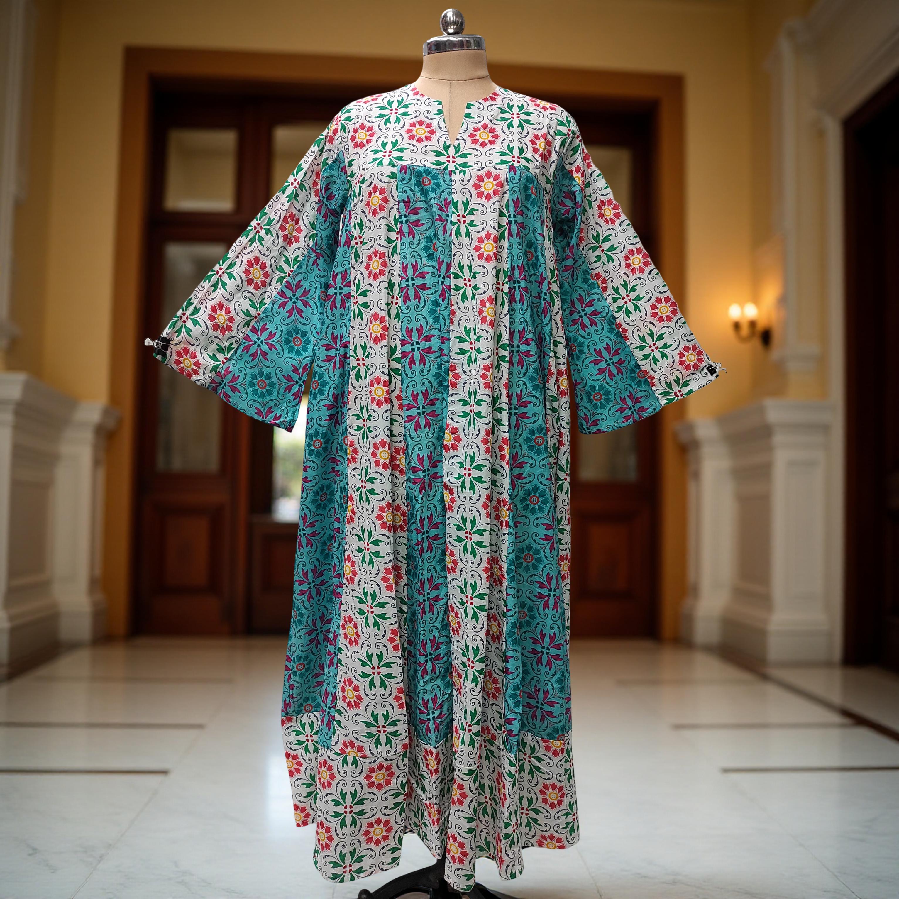 2XL-3XL Zahia Printed Cotton Dress 57" Long Jalabiya With Sheila