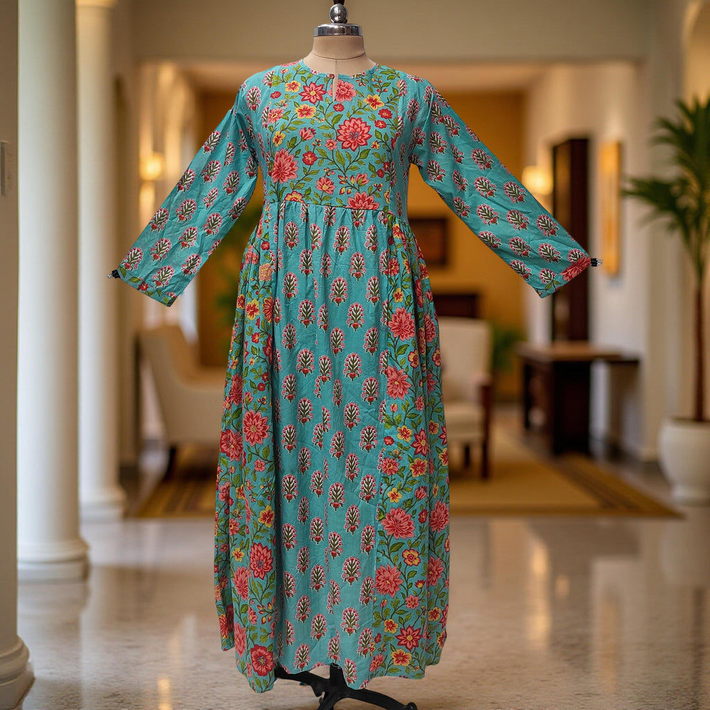 S-M Heba Printed Cotton Dress 57" Long Jalabiya With Sheila