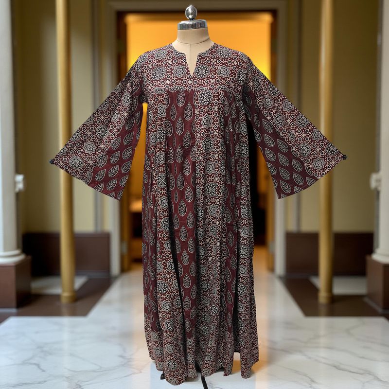 L-XL Zahia Printed Cotton Dress 57" Long Jalabiya With Sheila