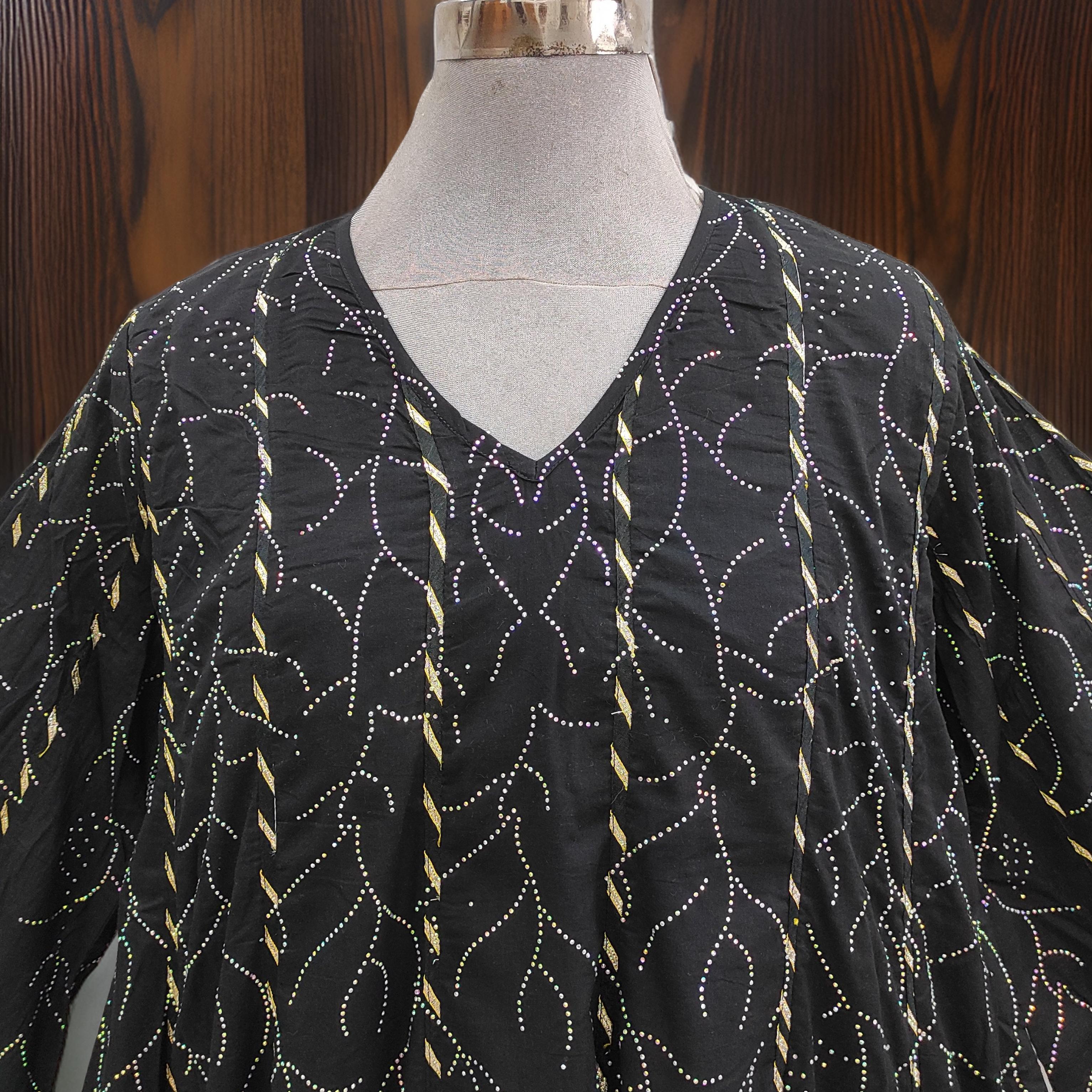 2XL/3XL Meher Crystal Black Cotton Dress 57" Long Jalabiya