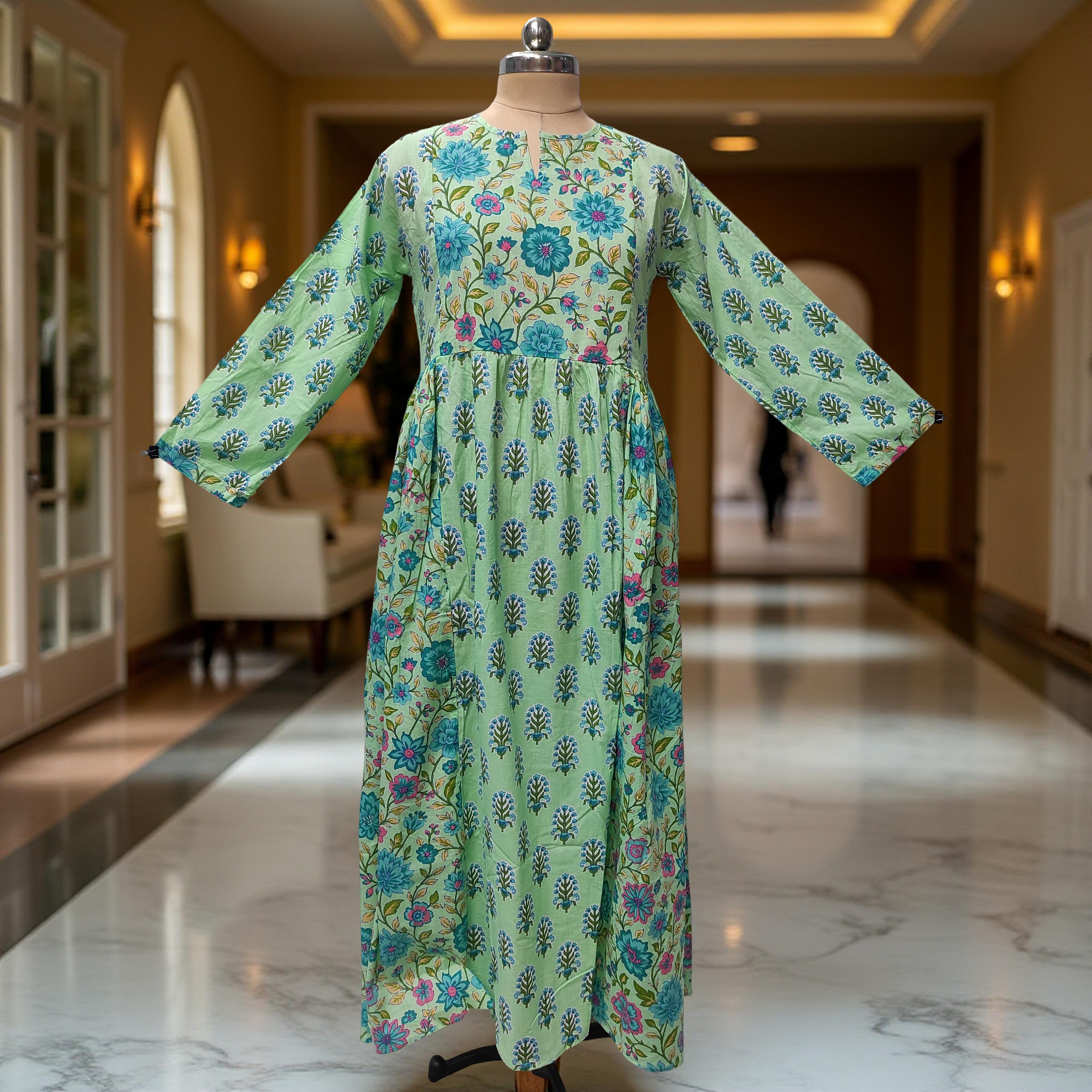 S-M Heba Printed Cotton Dress 57" Long Jalabiya With Sheila