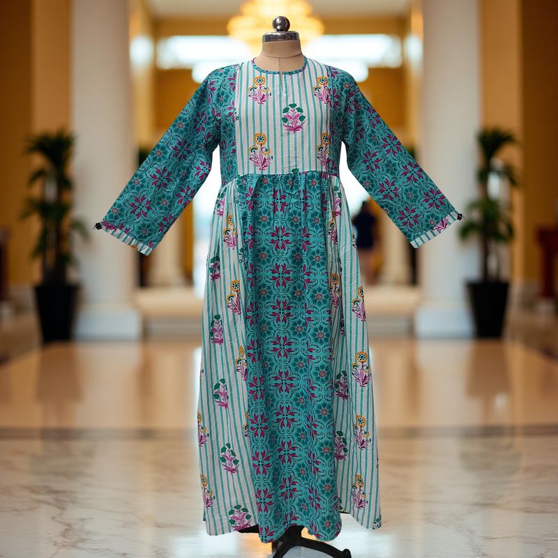 2XL-3XL Heba Printed Cotton Dress 57" Long Jalabiya With Sheila