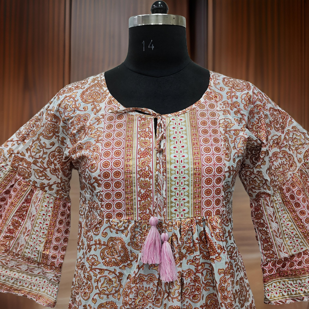 S/M Gaby Gold Printed Cotton Dress 57" Long Jalabiya