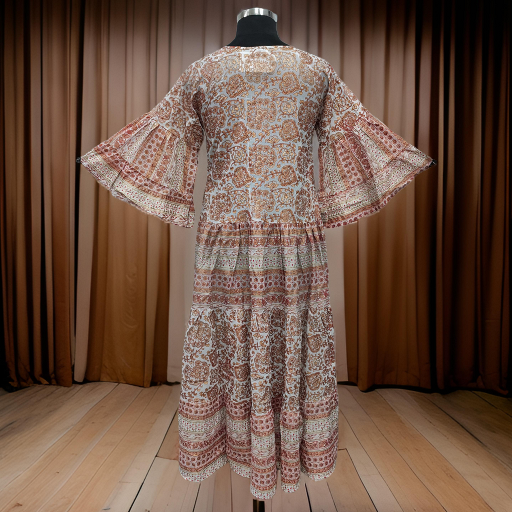 S/M Gaby Gold Printed Cotton Dress 57" Long Jalabiya