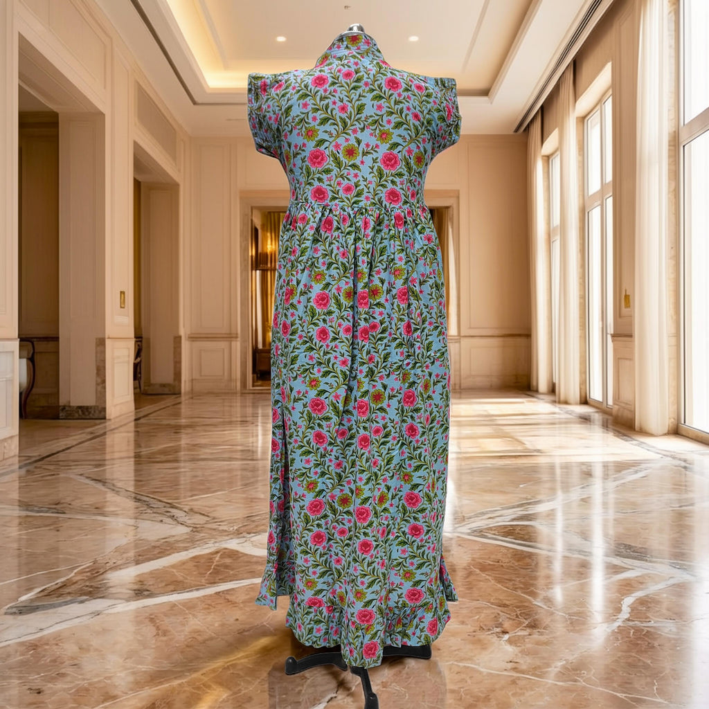 S-M Amani Printed Cotton Dress 57" Short Sleeves Jalabiya