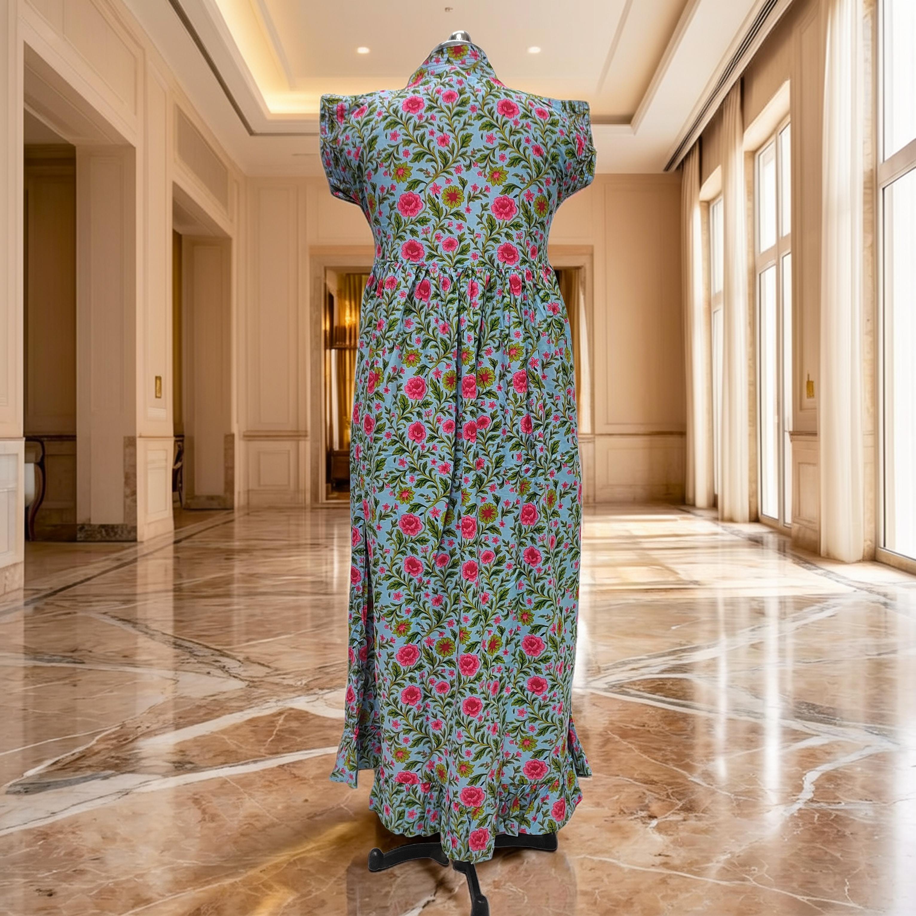 S-M Amani Printed Cotton Dress 57" Short Sleeves Jalabiya