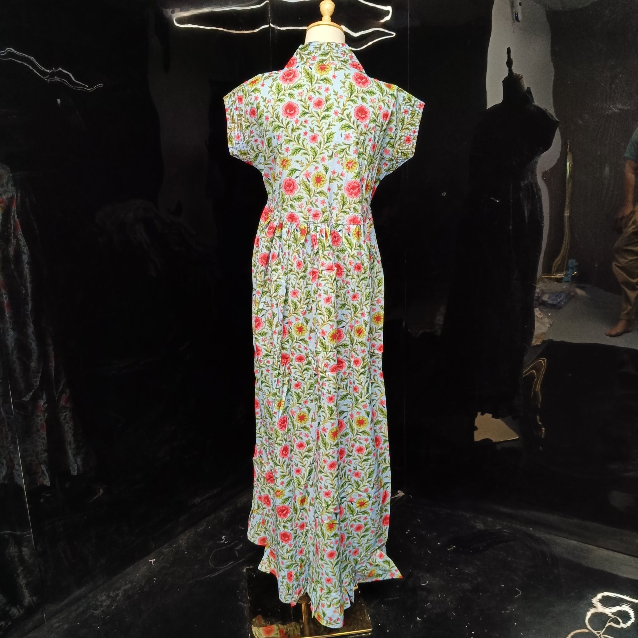 S/M Amani Printed Cotton Dress 57" Short Sleeves Jalabiya