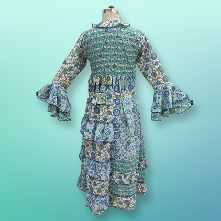 L/XL Sabah Blue Printed Cotton Dress 57" Long Jalabiya