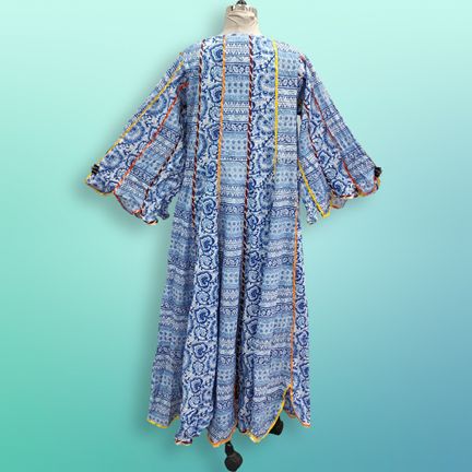 S/M Meher Blue Printed Cotton Dress 57" Long Jalabiya