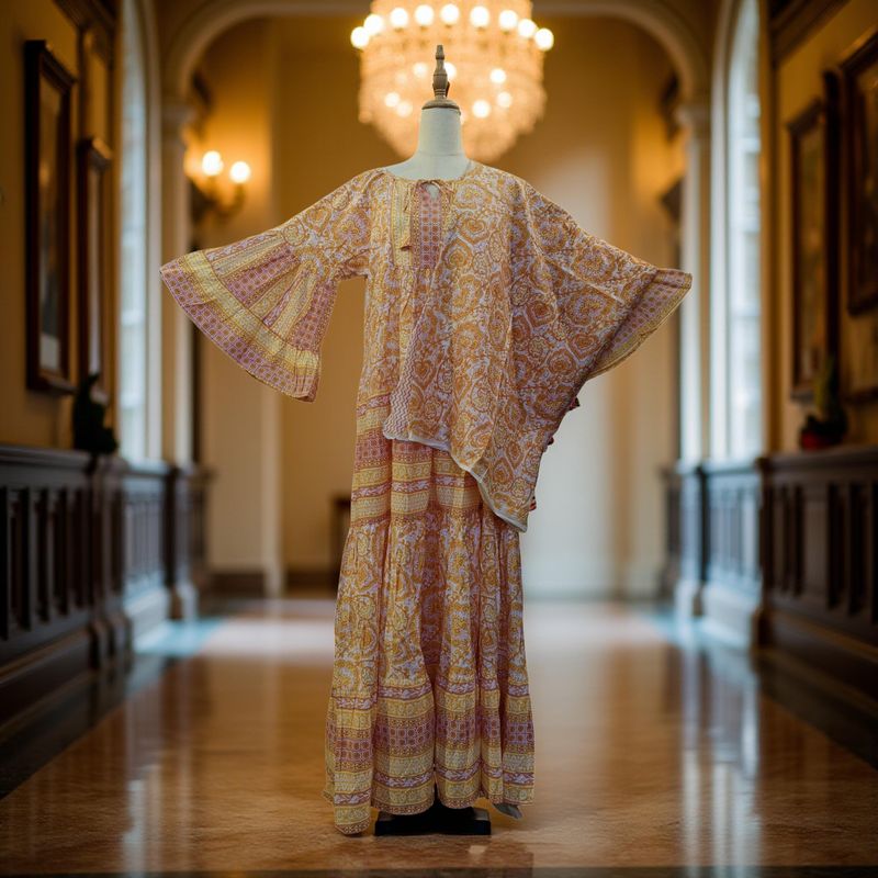 L/XL Yellow Gaby With Sheila Printed Cotton Dress 57" Long Jalabiya