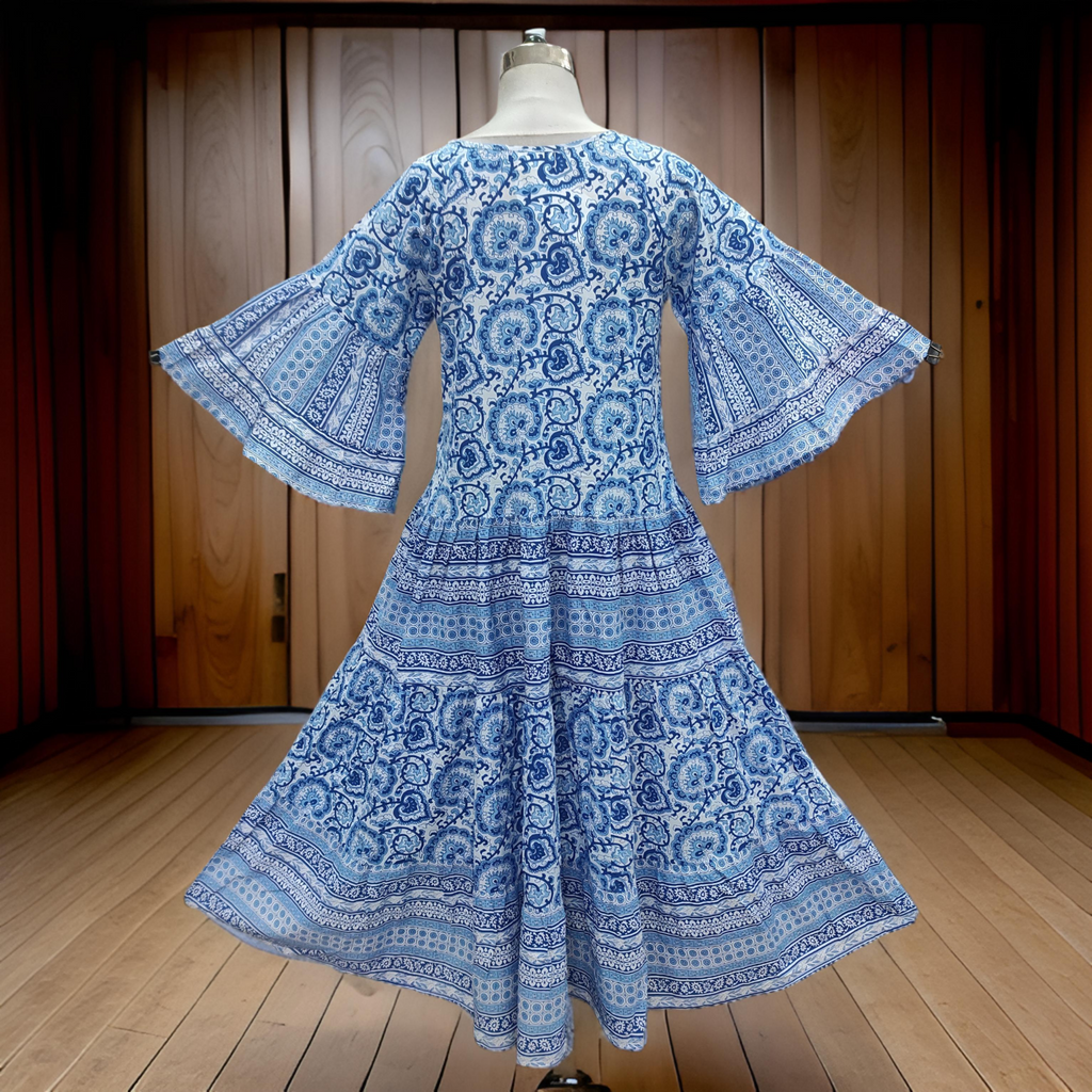 2XL/3XL Gaby Blue Printed Cotton Dress 57" Long Jalabiya