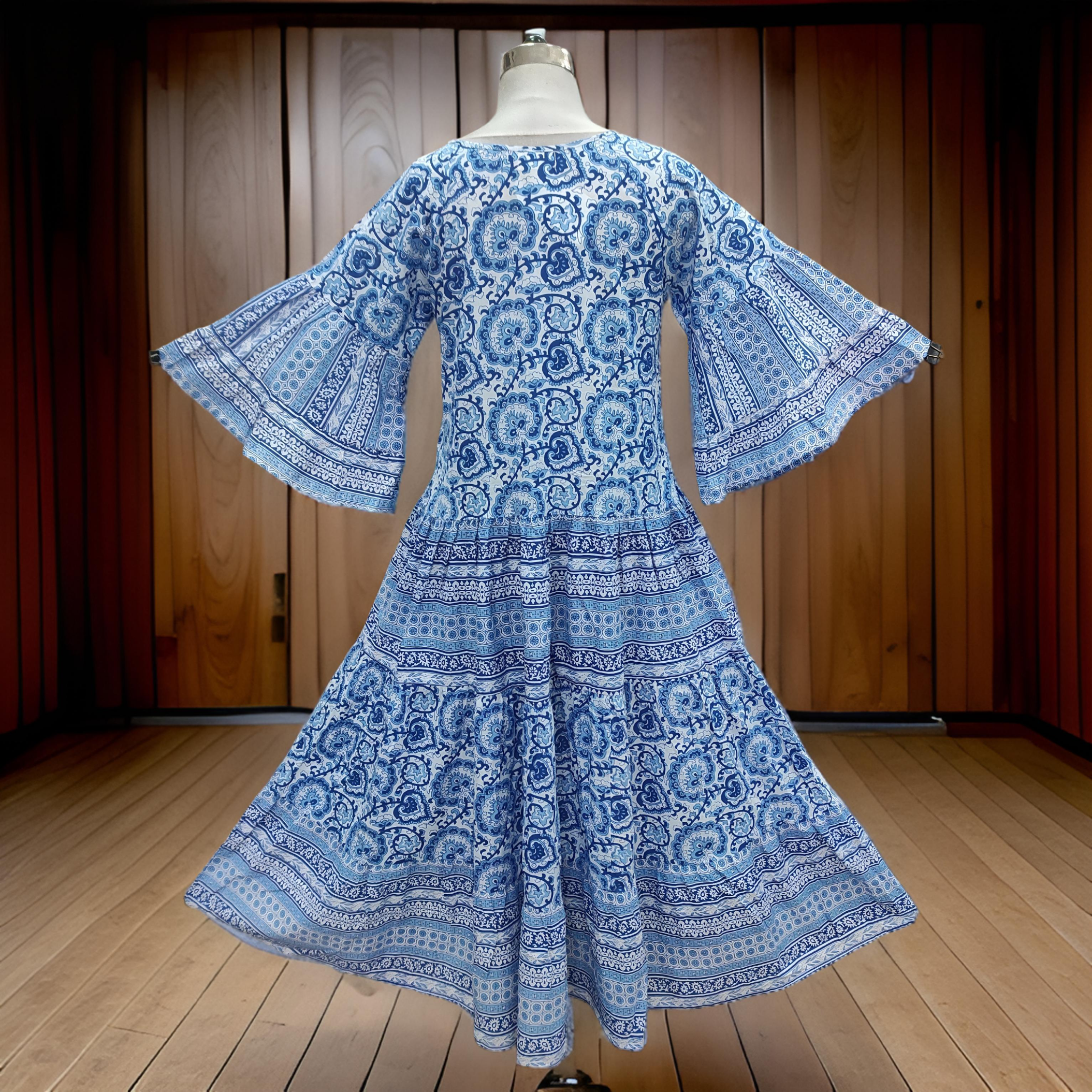 2XL/3XL Gaby Blue Printed Cotton Dress 57" Long Jalabiya